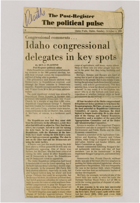 A newspaper article discussing: In the 1980 elections, Idaho's Republicans won important races, including Steve Symms defeating Senator Frank Church. Now, they must deal with issues like raising the debt limit and making budget cuts, which are sometimes unpopular.