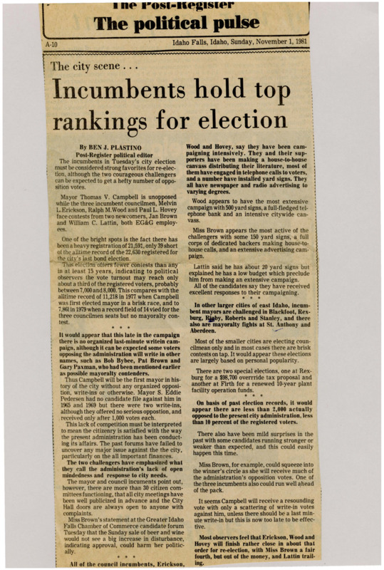 A newspaper article discussing: Mayor Campbell is running without any opponents, and the current council members are likely to win again. Even though many people are registered to vote, only a small number are expected to show up. The new candidates say the city leaders aren't listening enough, but most people seem happy with how things are going.