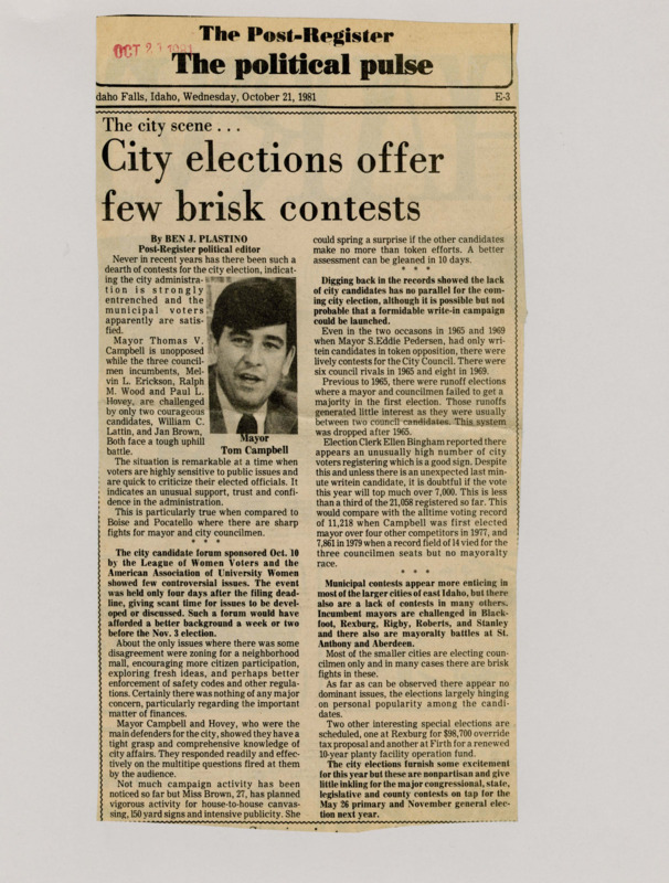 A newspaper article discussing: The city election has very few candidates running, with the mayor not facing any opponents. People seem mostly happy with the current city leaders, and there aren't many big issues being discussed. Even though lots of people registered to vote, not many are expected to actually vote.