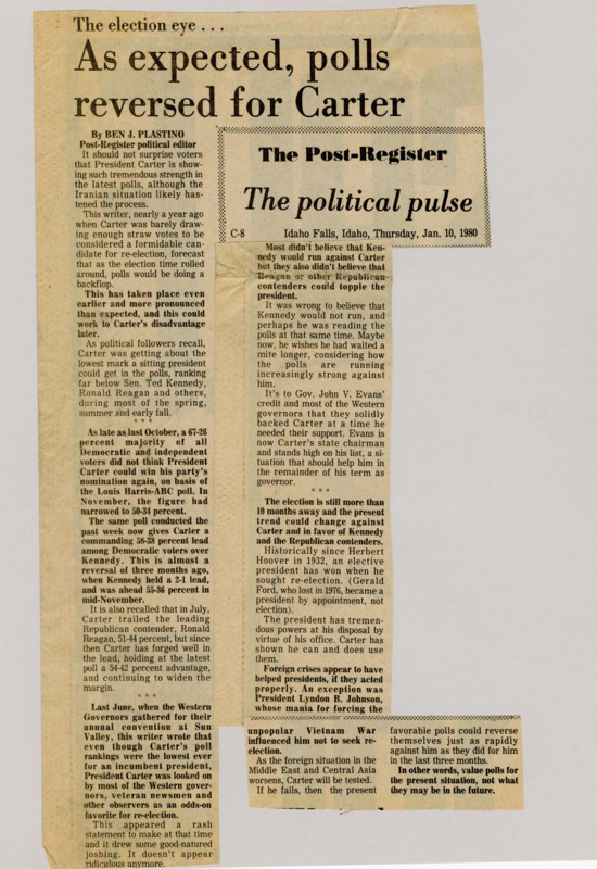 A newspaper article discussing: President Carter’s poll numbers have gone up, and he’s now ahead of both Ted Kennedy and Ronald Reagan after being unpopular for a while. The Iranian crisis probably helped with this change, but things could still change. Even though the polls are good for now, Carter’s re-election isn't guaranteed because world events might affect support.