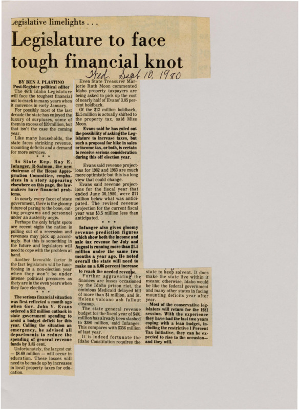 A newspaper article discussing: Idaho is struggling with financial issues, including lower revenue and larger deficits, which led Governor John Evans to reduce the state budget by $12 million. Education will take the biggest hit, and local property taxes might go up to make up the difference. While things could improve in the future, lawmakers are getting ready for a challenging year.