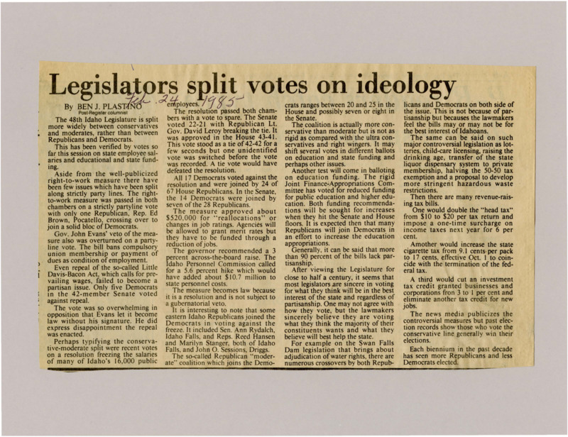 A newspaper article discussing: The 48th Idaho Legislature is split more by conservative and moderate views than party lines, with both Republicans and Democrats voting together on key issues. Topics like right-to-work laws, education funding, and tax hikes have sparked mixed support.