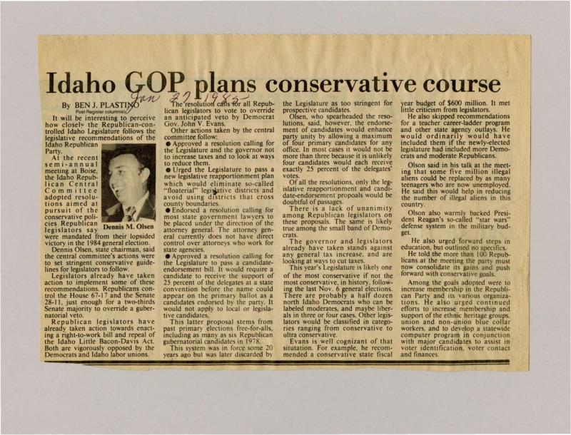 A newspaper article discussing: The Idaho Republican Central Committee passed resolutions to lower taxes, change legislative districts, and make it harder for candidates to join the primary ballot. They also wanted state lawyers to report to the attorney general and supported Reagan's "Star Wars" defense plan. Despite some disagreements, they aim to push for conservative goals in the legislature.