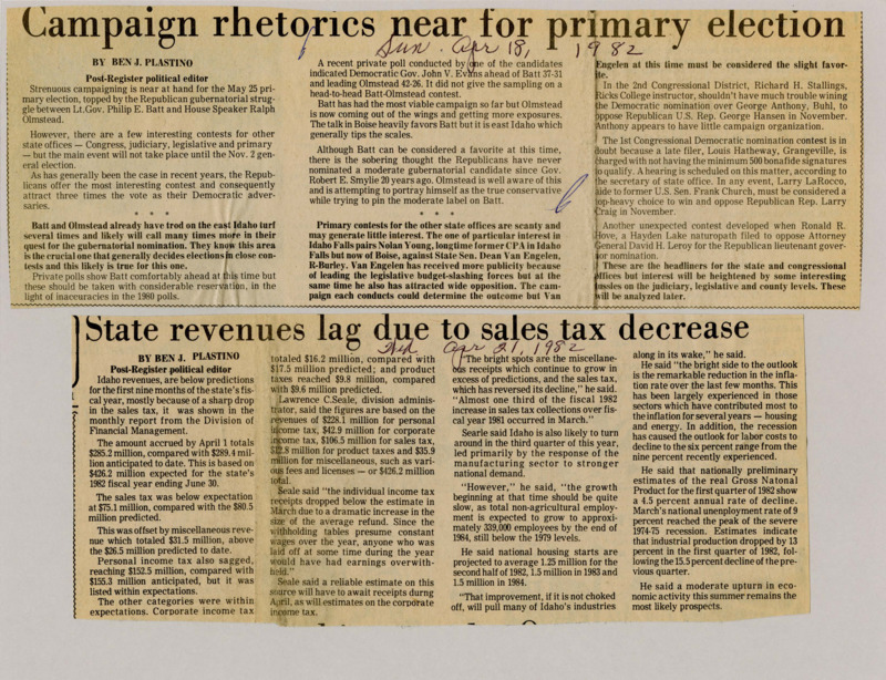 A newspaper article discussing: The race for Idaho governor is getting intense, especially between Republican candidates Philip Batt and Ralph Olmstead. Batt is ahead in the polls, but Olmstead is starting to campaign more and call himself the real conservative. Other races, like for Congress and lieutenant governor, are also happening, but the governor’s race is the main focus.