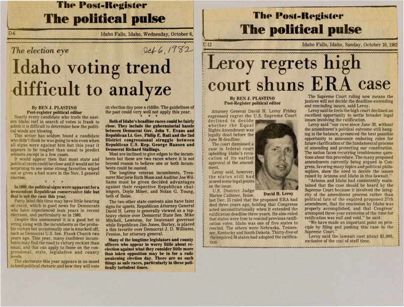 A newspaper article discussing: Attorney General David Leroy was disappointed that the Supreme Court chose not to decide on a case about the Equal Rights Amendment (ERA). He believed the case was important for understanding whether states could change their votes and if Congress could extend deadlines. Even though the court didn't act, Leroy felt it was important to raise these questions.