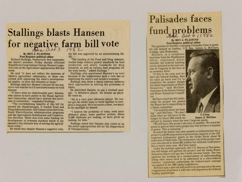 A newspaper article discussing: Richard Stallings criticized Congressman George Hansen for voting against a bill that would help farmers and improve the environment. Stallings said Hansen didn't like that the bill included money for food stamps, but that wasn't a good enough reason to vote no. He said Idaho needs leaders who take positive action, not just say no to everything.