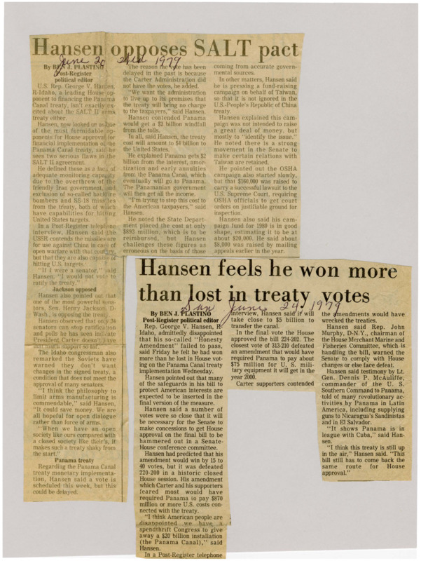 A newspaper article discussing: Even though Rep. Hansen’s "Honesty Amendment" didn't pass, he thinks his efforts were successful because some of his ideas might still be added to the final bill. He continues to oppose the treaty, arguing it harms U.S. finances and ignores Panama’s links to controversial groups. Hansen wants the treaty to be changed before it’s fully approved.
