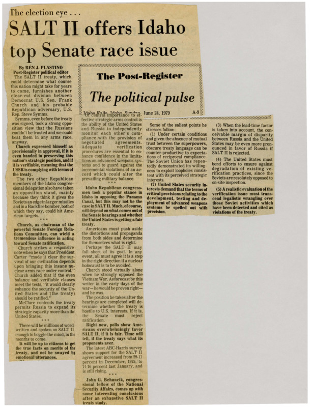 A newspaper article discussing: The SALT II treaty splits Senators Frank Church and James McClure. Church supports it to control the nuclear arms race, while McClure opposes it because he thinks it gives the Soviets an advantage. Most people support the treaty, but there are still worries about Soviet compliance and checks.