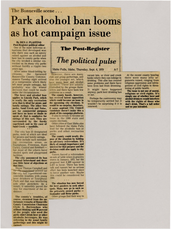 A newspaper article discussing: A ban on alcohol in Lincoln Park caused a lot of debate since it's the best park for family outings. The city of Idaho Falls had a similar ban before without much trouble, but the county's ban upset more people, with worries about freedom and health. This issue might affect upcoming elections, and some think a vote should be held to decide.