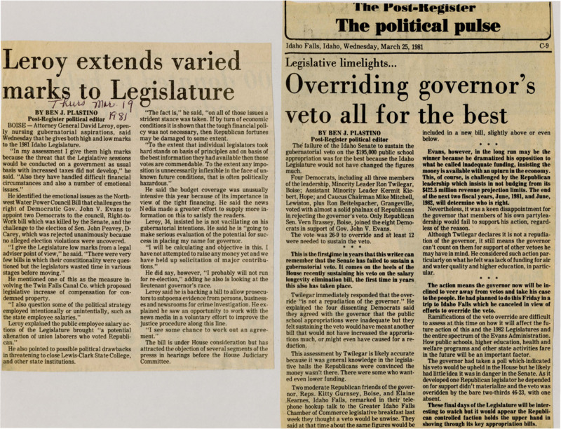 A newspaper article discussing: Idaho Governor John V. Evans fails to secure the gubernatorial veto on a bill that would appropriate $195,000 to public schools. Governor Evans reportedly desired a higher total, but was denied by four Democrats who broke ranks to side with Republicans for the vote. Ron Twilegar, the Senate Minority Leader, said there was no way for an increase in funding to pass the legislature.