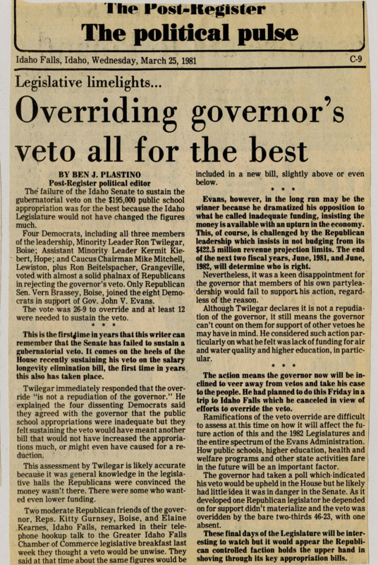 A newspaper article discussing: Idaho Governor John V. Evans fails to secure the gubernatorial veto on a bill that would appropriate $195,000 to public schools. Governor Evans reportedly desired a higher total, but was denied by four Democrats who broke ranks to side with Republicans for the vote. Ron Twilegar, the Senate Minority Leader, said there was no way for an increase in funding to pass the legislature.