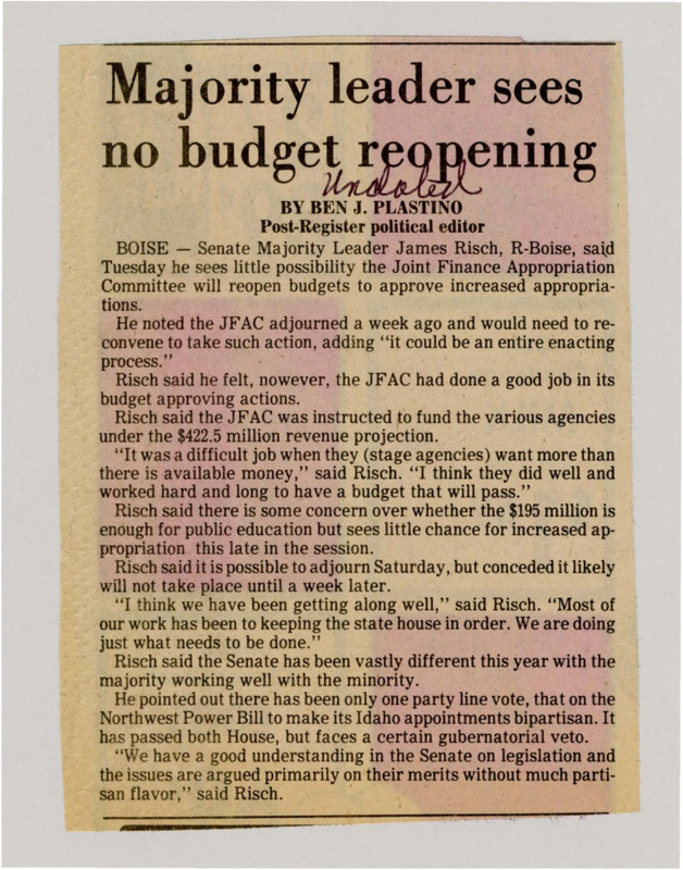 A newspaper article discussing: Idaho Senate Majority Leader James Risch denied the possibility of the Joint Finance Appropriation Committee reopening to approve increased appropriations. He praised the committee for their approval of the public school budget, but cautioned calls for more money.