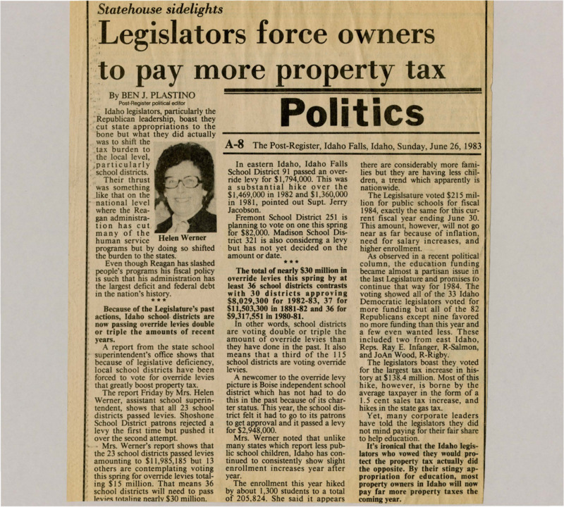 A newspaper article discussing Idaho legislators' refusal to increase taxes to pay for public education has caused 23 school districts in Idaho to pass levies. Education funding has become a partisan issue in Idaho, with all Democrat legislators voting for increased budgets and most Republican legislators voting against budget increases.