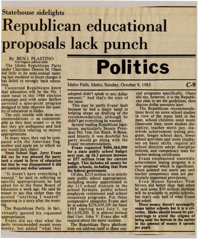 A newspaper article discussing: Idaho GOP remains elusive on education spending specifics and guidelines despite widespread support for improving education throughout the state. Discussed topics related to statewide achievement tests, teaching competency tests, and adoption of discipline policies.