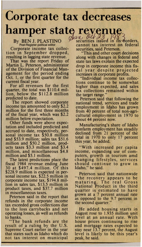 A newspaper article discussing a decrease in Corporate tax revenue possibly caused from multiple factors including a Supreme Court case regarding taxing interest on federal securities, and net operating losses. As well as figures on other tax revenue sources, employment share of different industries, housing construction, and mortgage rates.