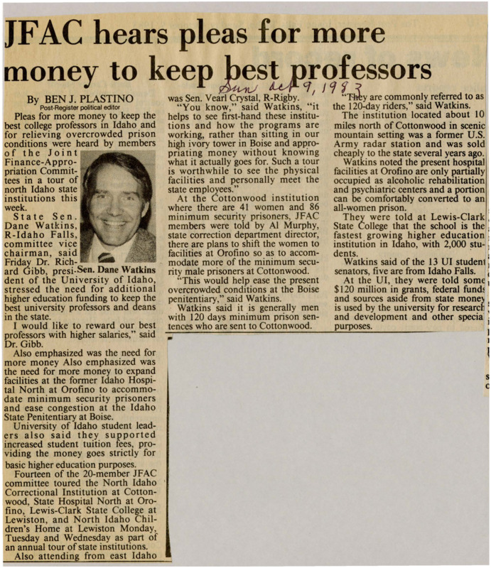 A newspaper article discussing the Joint Finance Appropriation Committee (JFAC) touring University of Idaho and the North Idaho Correctional institution in Cottonwood after both organizations pleaded for more funds. University of Idaho requested funds for higher salaries and Cottonwood to alleviate prison populations in Boise.