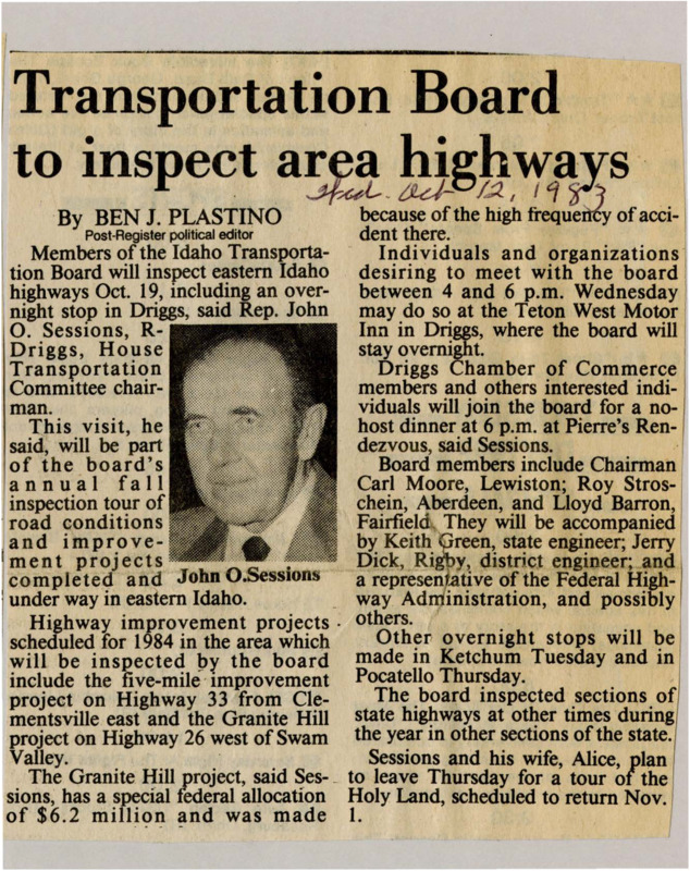 A newspaper article discussing the Idaho transportation board inspecting eastern Idaho highways. There's details of where the board will be inspecting, as well as opportunities to meet with the board.