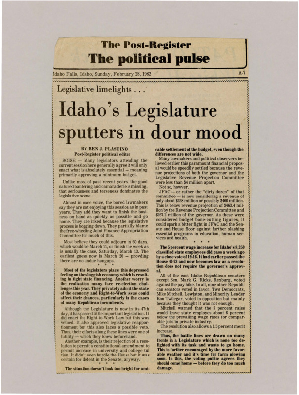 A newspaper article detailing the depressing mood in the Idaho congress as a result of budgetary concerns because of a lagging economy and a gunho JFAC making legislators anxious for reelection. A salary increase for state employees passed.