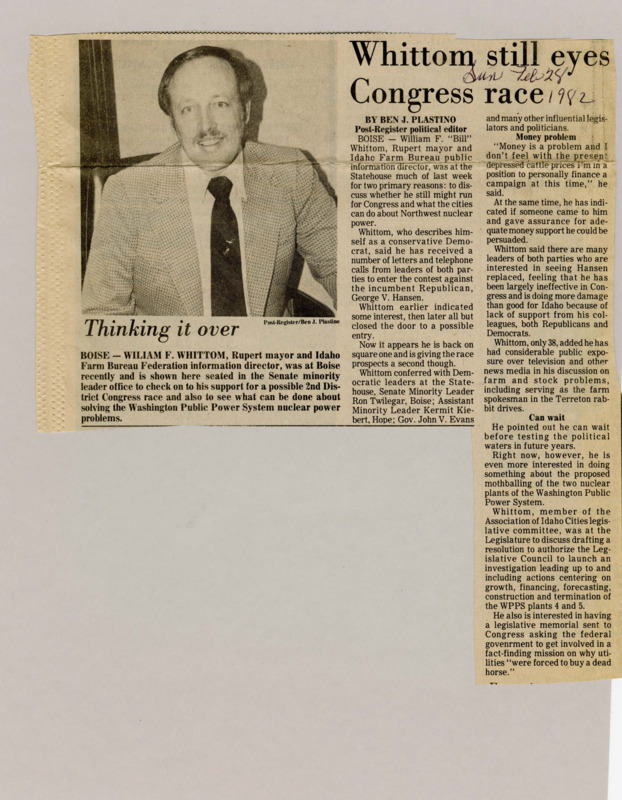 A newspaper article discussing William Whittom's possible race for Idaho senate and meeting with both parties to discuss political and monetary support to oust incumbent George Hansen.