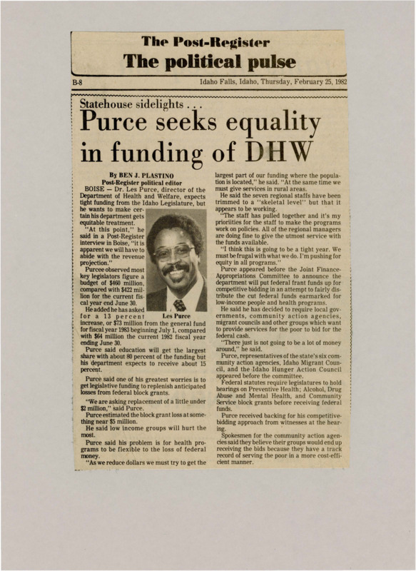 A newspaper article detailing Les Purces plead for more funding for the DHW to replace lost federal funds. He also introduced a bidding scheme for localities to get access to the remaining federal grants. Picture of Les Purce.