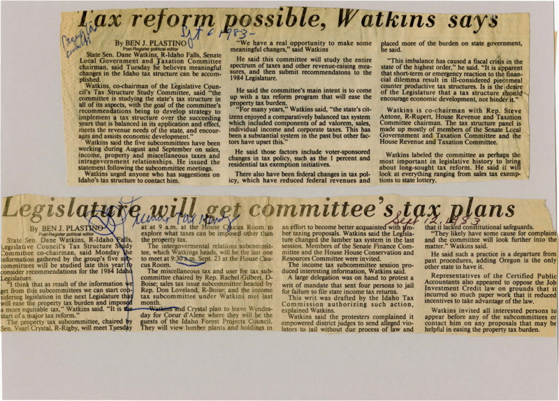 A newspaper article detailing the efforts of the Legislative Council's Tax Structure Committee to explore tax reform in concerns to lowering property tax obligations.