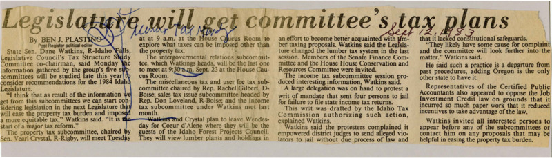 A newspaper article detailing the efforts of the Legislative Council's Tax Structure Committee to explore tax reform in concerns to lowering property tax obligations.