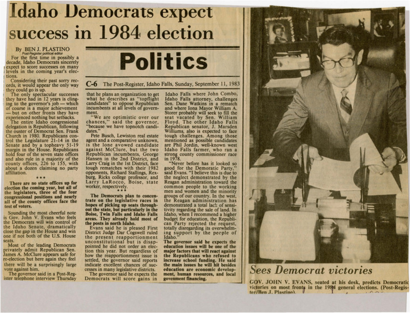 A newspaper article discussing governor John V. Evans' optimism for the 1984 election yielding good results for Idaho democrats because of discontent with republican federal and state policies. Picture of John V. Evans titled "Sees Democrat victories".