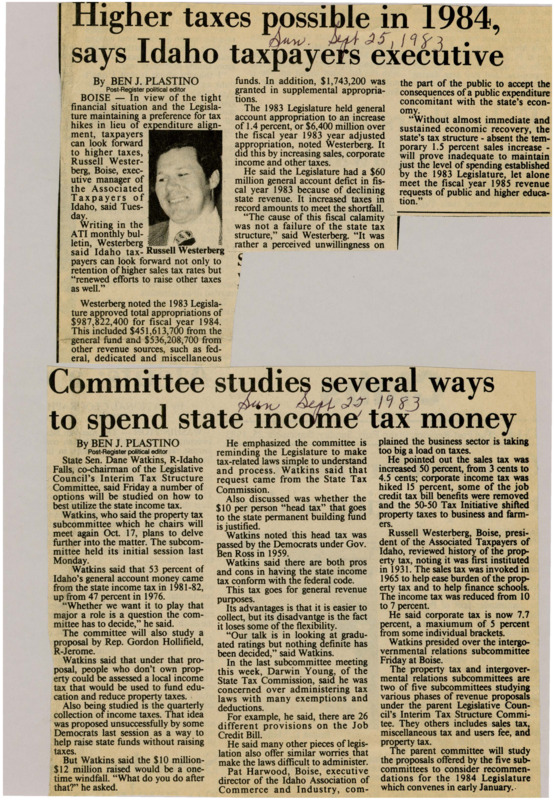 A newspaper article detailing a likely increase in taxes across the board to cover the deficit; namely raising sales, corporate, etc. A slow economic recovery and public unwillingness to cut spending is cited as the cause for the shortfall. Picture of Russell Westerberg