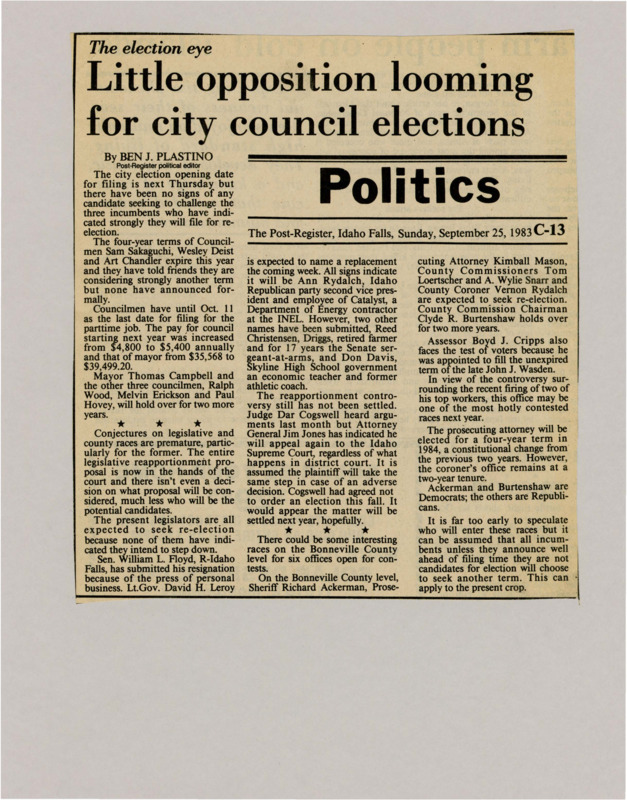 A newspaper article detailing the Idaho Falls city council election, the candidates, and salary increases for city official positions.