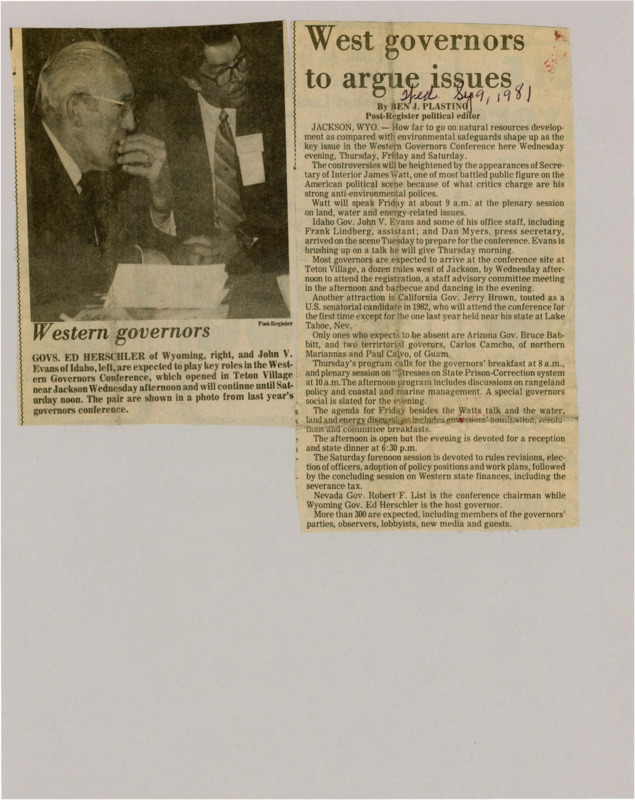 A newspaper article detailing a meeting between the governors of the west. They are discussing the new economic development balanced with environmental protections.