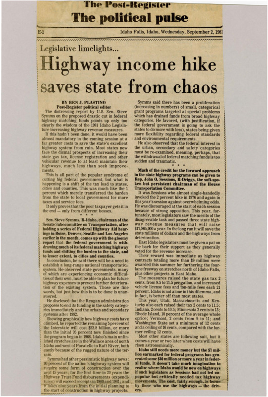 A newspaper article discussing federal budget cuts causing the state to need to fund its own highways. The state responded by raising several highway taxes, such as a gas tax, licensing, and other driving related fees.