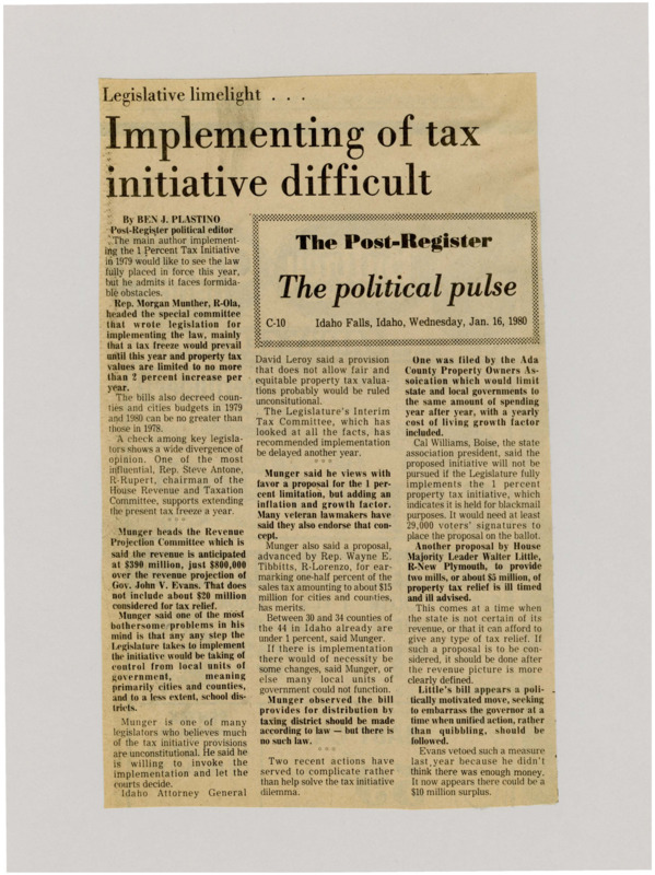 A newspaper article detailing a tax initiative to limit tax increases to a 1% annually and to limit spending (excluding inflation). The initiative faces much blowback in the senate however the Ada County Property Owners Association threatened to pass a ballot initiative that would limit government spending permanently.