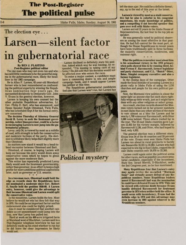 A newspaper article detailing Allan Larsen's potential rerun and its impact on the republican gubernatorial primary. Image labeled "Political mystery"