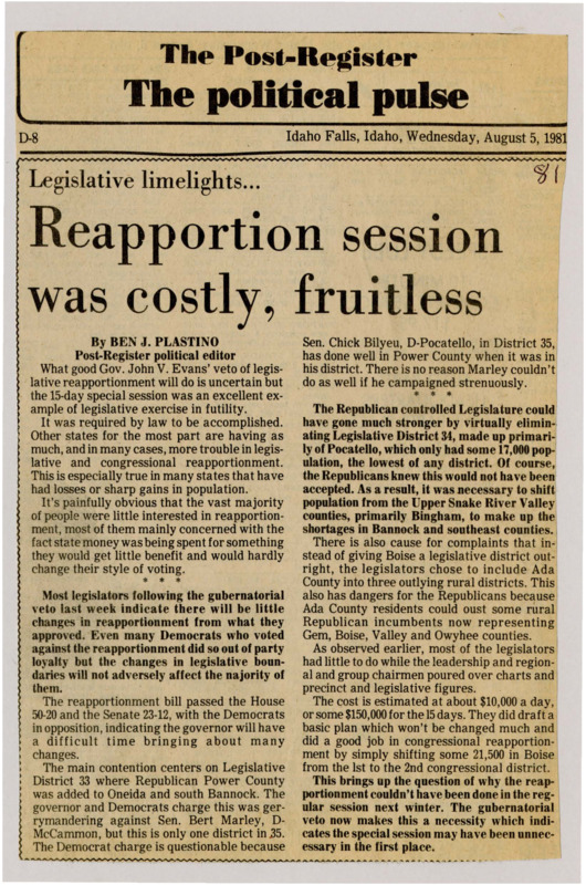 A newspaper article questioning the efficacy of the special reapportionment session after John Evans' veto of the reapportionment plan. The costs of the session and the lack of impact are cited as reasons why Plastino questions the need for it.
