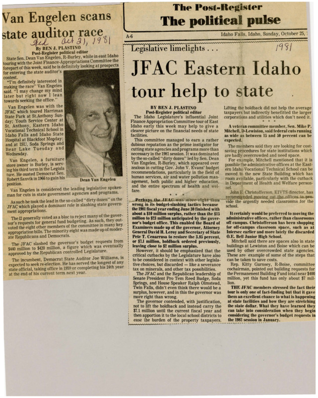 A newspaper article detailing the state facilities that are requesting funding. The JFAC committee toured facilities and made recommendations for cutting costs and relieving the Eastern Idaho Vocational Schools overcrowding.
