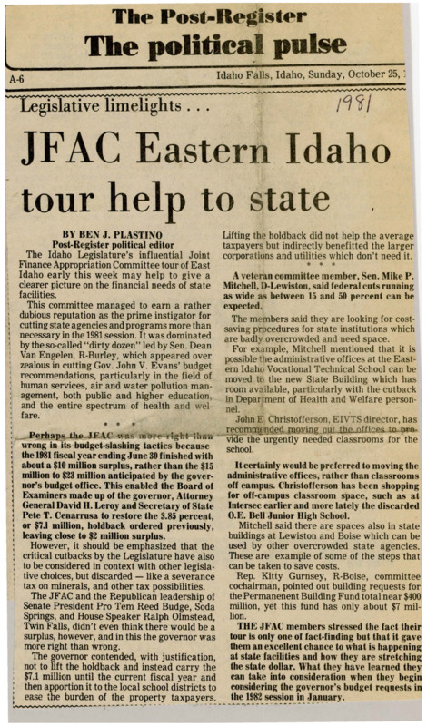 A newspaper article detailing the state facilities that are requesting funding. The JFAC committee toured facilities and made recommendations for cutting costs and relieving the Eastern Idaho Vocational Schools overcrowding.