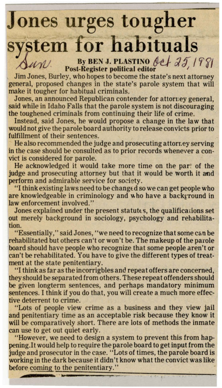 A newspaper article detailing possible criminal justice reforms by Jim Jones, an attorney general candidate. The reforms touch on parole, enforcement, and repeat offenders.