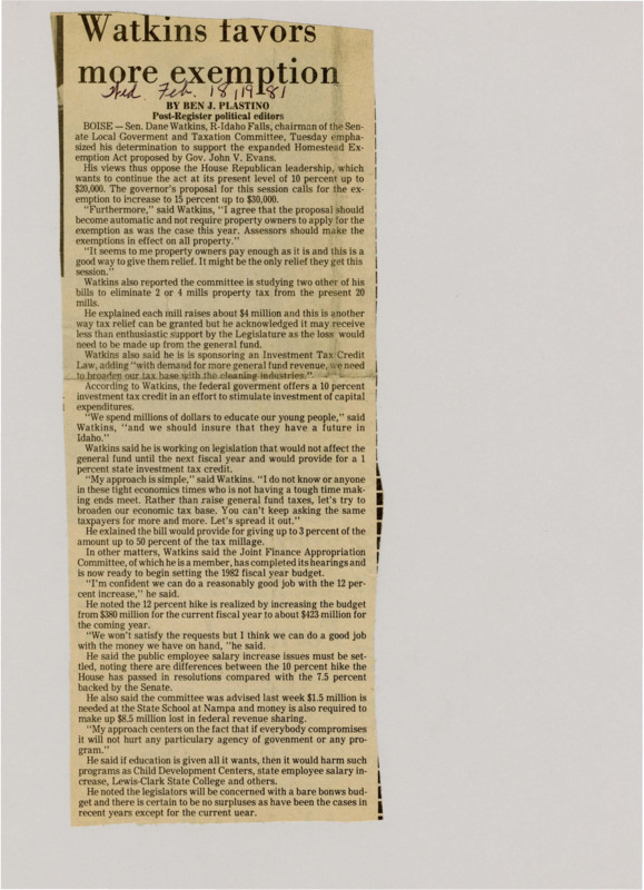 A newspaper article detailing Dane Watkins and his property tax relief in the form of a proposed expanded homestead exemption act. Watkins also details the possible budget cuts ahead and the desire to spread the tax burden out.