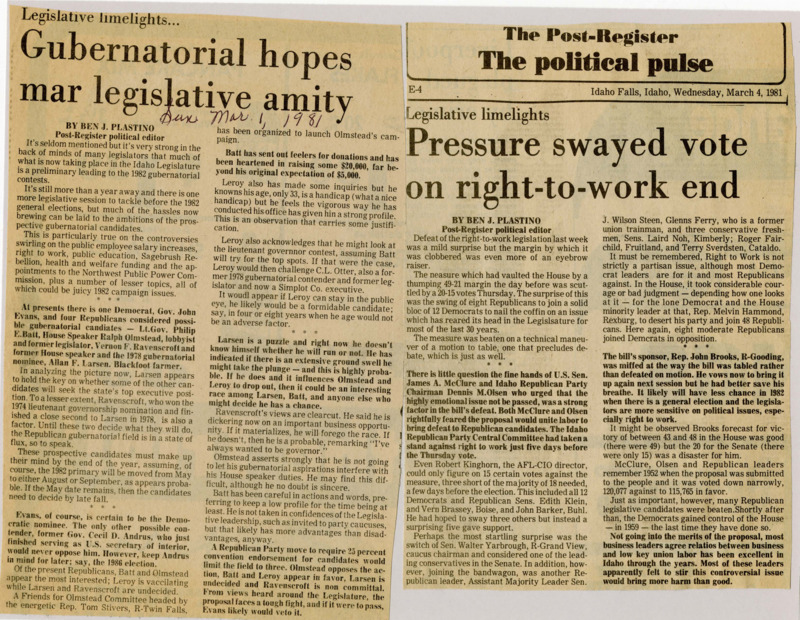A newspaper article detailing the defeat of the right-to-work legislation due to a surprise flip by several Republican candidates. Republicans feared souring relations with Idaho unions.