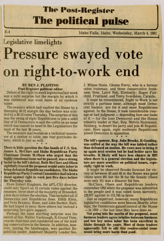 A newspaper article detailing the defeat of the right-to-work legislation due to a surprise flip by several Republican candidates. Republicans feared souring relations with Idaho unions.