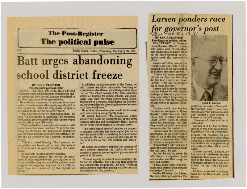 A newspaper article detailing the exploits of Lt. Governor Philip E. Batt and his efforts to push schools to utilize their full funding. He also explained the inequality in the property appraisal and property tax allocation and how they resolved that inequity.
