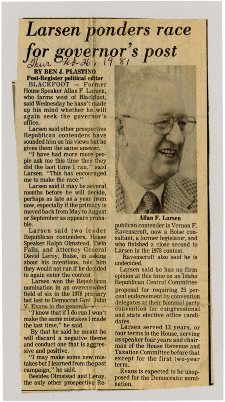 A newspaper article detailing Allan Larsen's potential run for governor.
