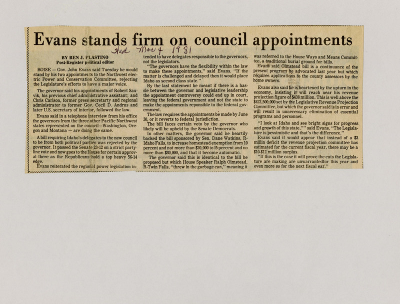 A newspaper article detailing Governor John Evans' pushback against the legislatures desire to have a stronger voice in the appointment of key officials.