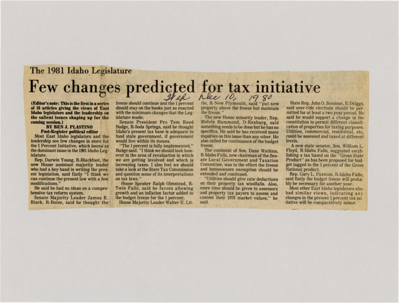 A newspaper article detailing legislators' different beliefs about the 1 percent initiative, and possible alternatives.