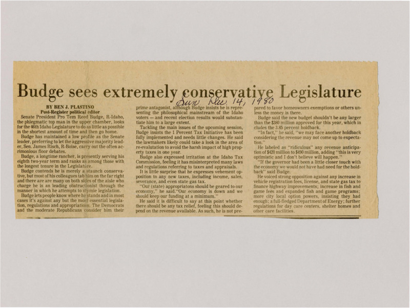 A newspaper article detailing the exploits of Senate Pro Tem Reed Budge. Budge stymied legislation extensively and opposed any alternatives to the 1% initiative.