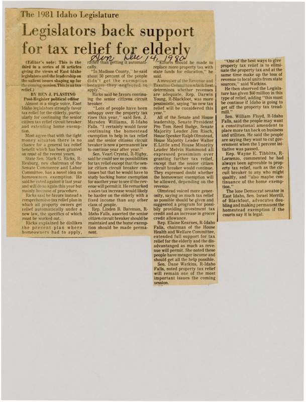 A newspaper article detailing eastern Idahoan legislators' support for property tax relief for property owners, especially through the homestead exemption act.