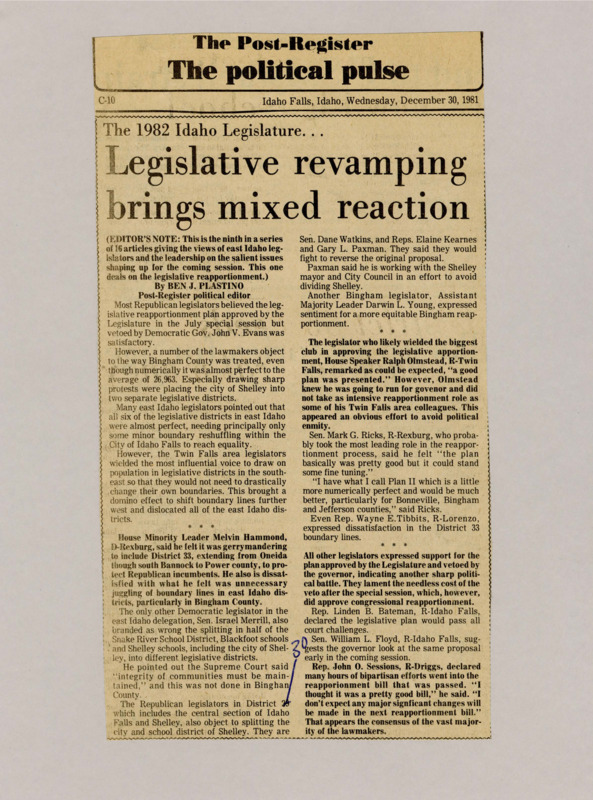 A newspaper article detailing the mixed opinions among eastern Idahoan representatives on the legislative redistricting, with some representatives viewing the plan as gerrymandered towards Republicans.