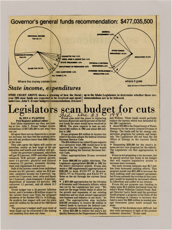 A newspaper article details Governor Evans' funding recommendations. There is a bulleted list for every spending category and its justifications for the amounts recommended. Pie Chart labeled "State income, expenditures"