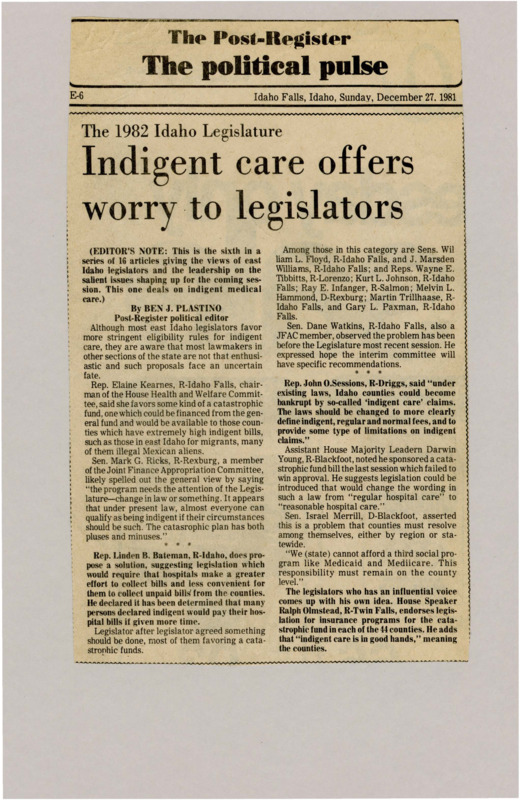 A newspaper article detailing the reforms legislators want to do to 'indigent care'. Some legislators want to make care eligibility more stringent.