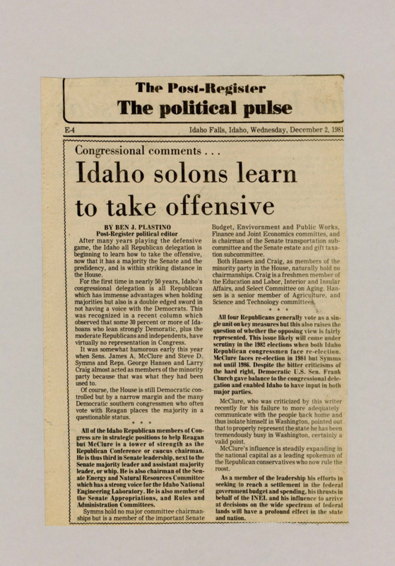 A newspaper article discussing the newly all Republican Idaho federal delegation. The author outlines possible issues with the lack of representation of the 30% of Idahoans who identify as Democrats.